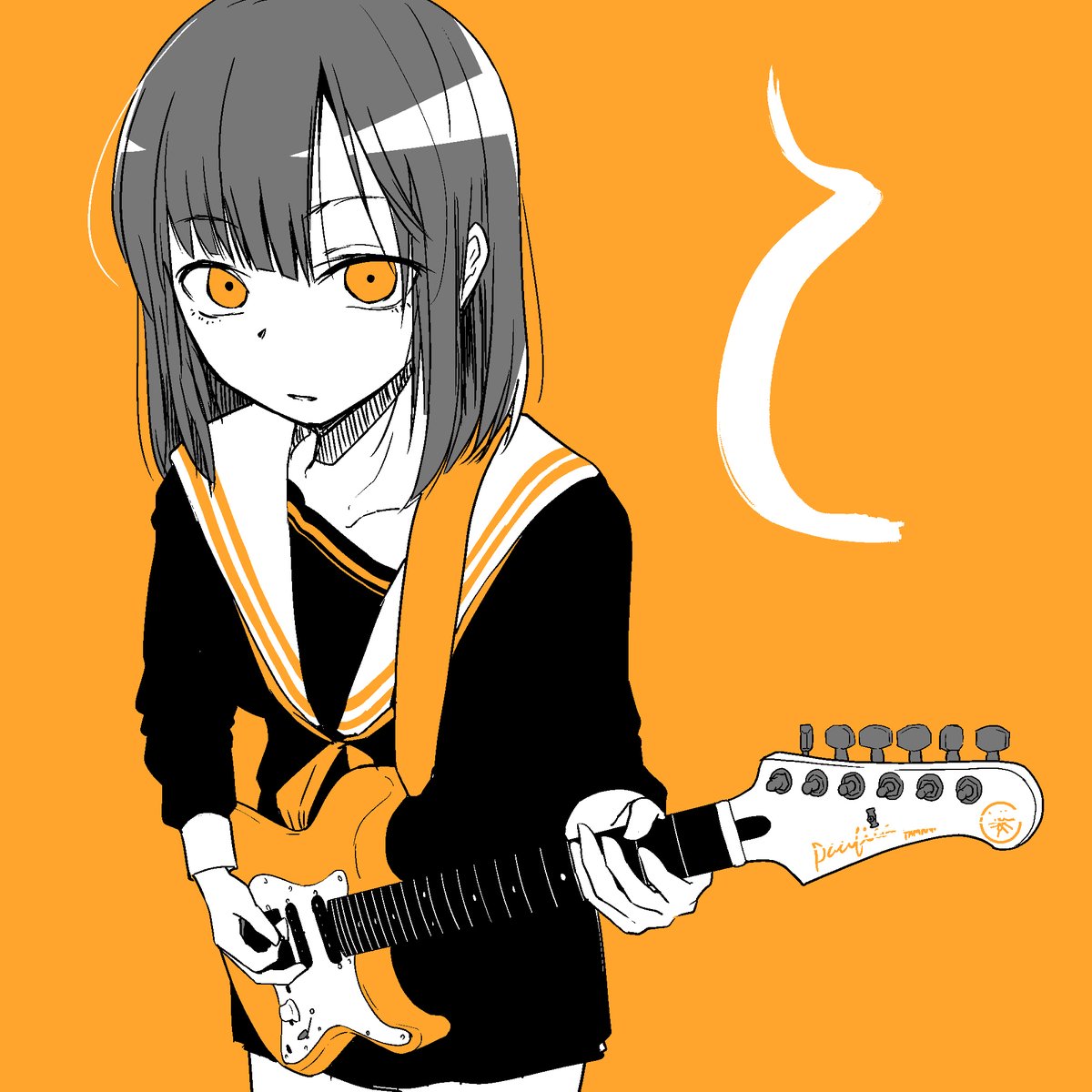 1girl solo instrument school uniform guitar orange background serafuku  illustration images