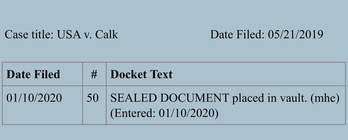 This concludes your Stephen Calk file transmission - but you should know that last night just before 9PM the following docket entry: a “sealed document placed in the vault”I have no idea what that document would be...-transmission terminated