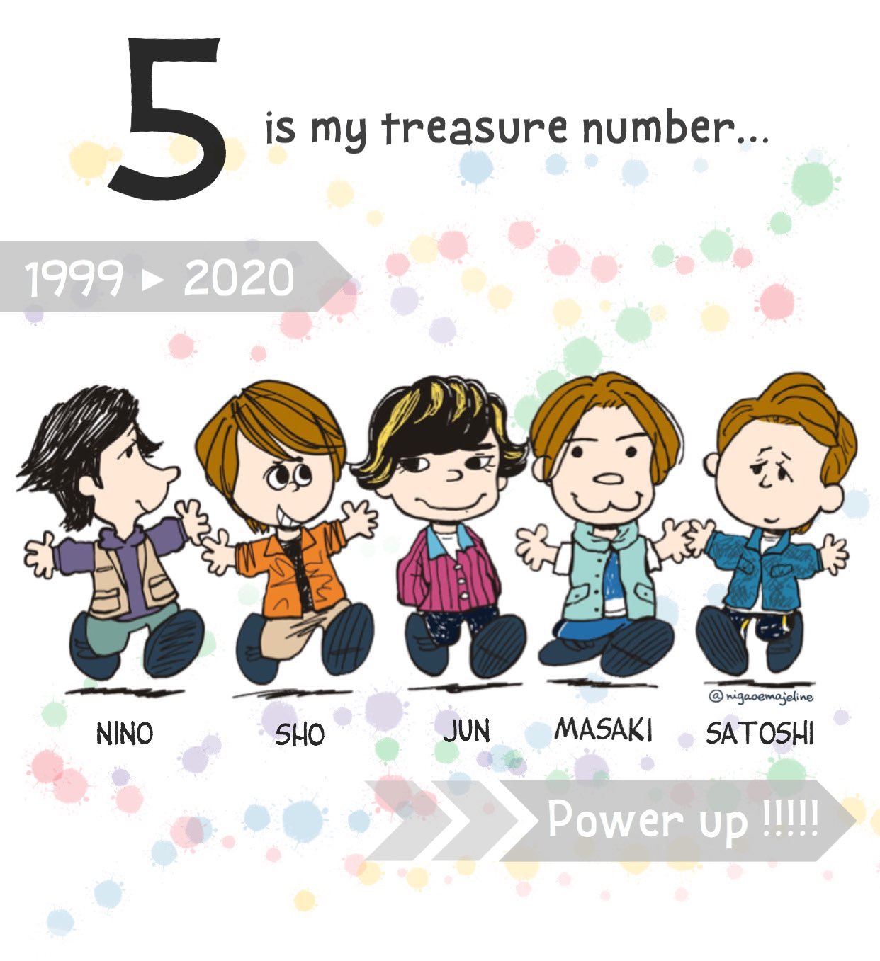 マジェリン やっと嵐の皆さんをスヌーピー風に描けた これからちょっとずつミュージシャン編を継続していきたい 嵐 Arashi 二宮和也 さん 櫻井翔 さん 松本潤 さん 相葉雅紀 さん 大野智 さん 似顔絵 イラスト スヌーピー風 ピーナッツ