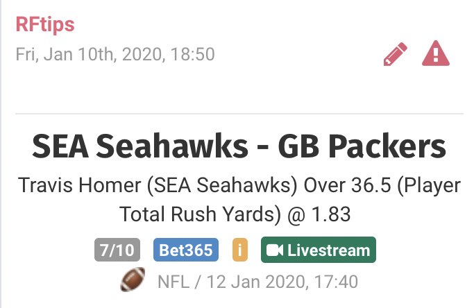 FtipsR's tweet image. Para mañana tengo dos picks del mismo partido.
#Seahawks vs #GoPackGo 

Travis Homer over 36.5 yardas por acarreo
Momio: 1.83 
Porcentaje: 7%
#NFL100
