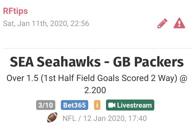 FtipsR's tweet image. Segunda apuesta para el partido entre #Seahawks y #GoPackGo 
#NFL100 
Over 1.5 goles de campo en la primera mitad 
Momio: 2.2
Porcentaje: 3%