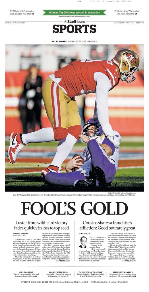 An early look at the Sunday @StarTribune sports cover after the @Vikings lose to the @49ers. 

Photo: @floresliz12 
Design: @jaystpierre