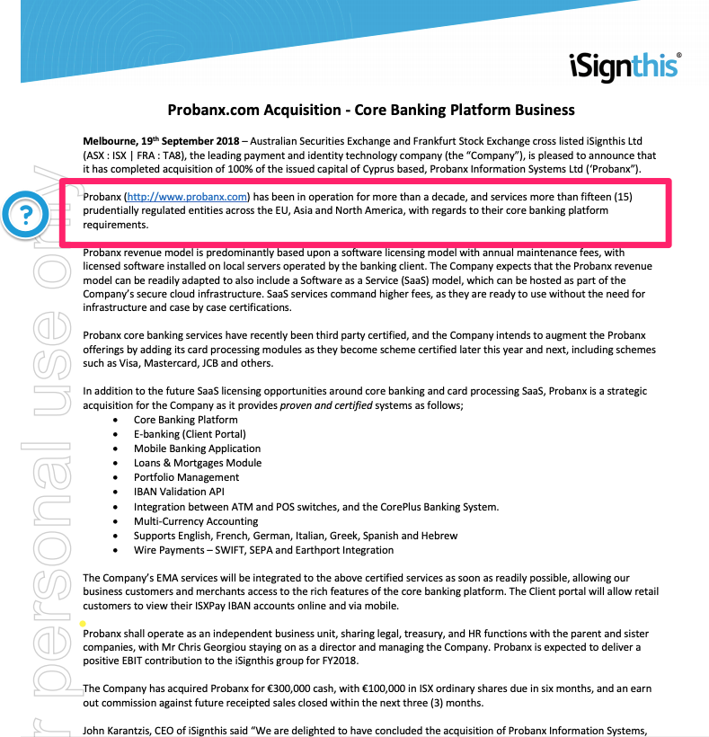  #isignthis ASX announcement  #probanx acquisition "services more than 15 prudently regulated entities".......wow who wrote this clanger.