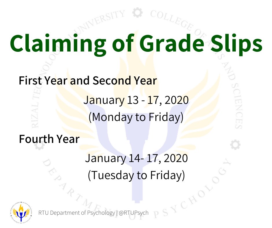 RTUPsych's tweet photo. Here are the dates for the claiming of grade slips.

NOTE: Concerns regarding the pre-enlistment and other inquiries will be entertained on Tuesday. https://t.co/UpjwytS5Ec