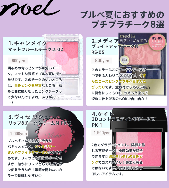 Noel Cosme公式 在 Twitter 上 ブルベ夏 におすすめのプチプラチーク8選 全部2 000円以下 ヴィセのクリームチーク はリップ使いもできる優れもの マットな質感のプチプラチーク もっと増えてくれるといいな ブルベ夏 ブルベ夏チーク マットフルール