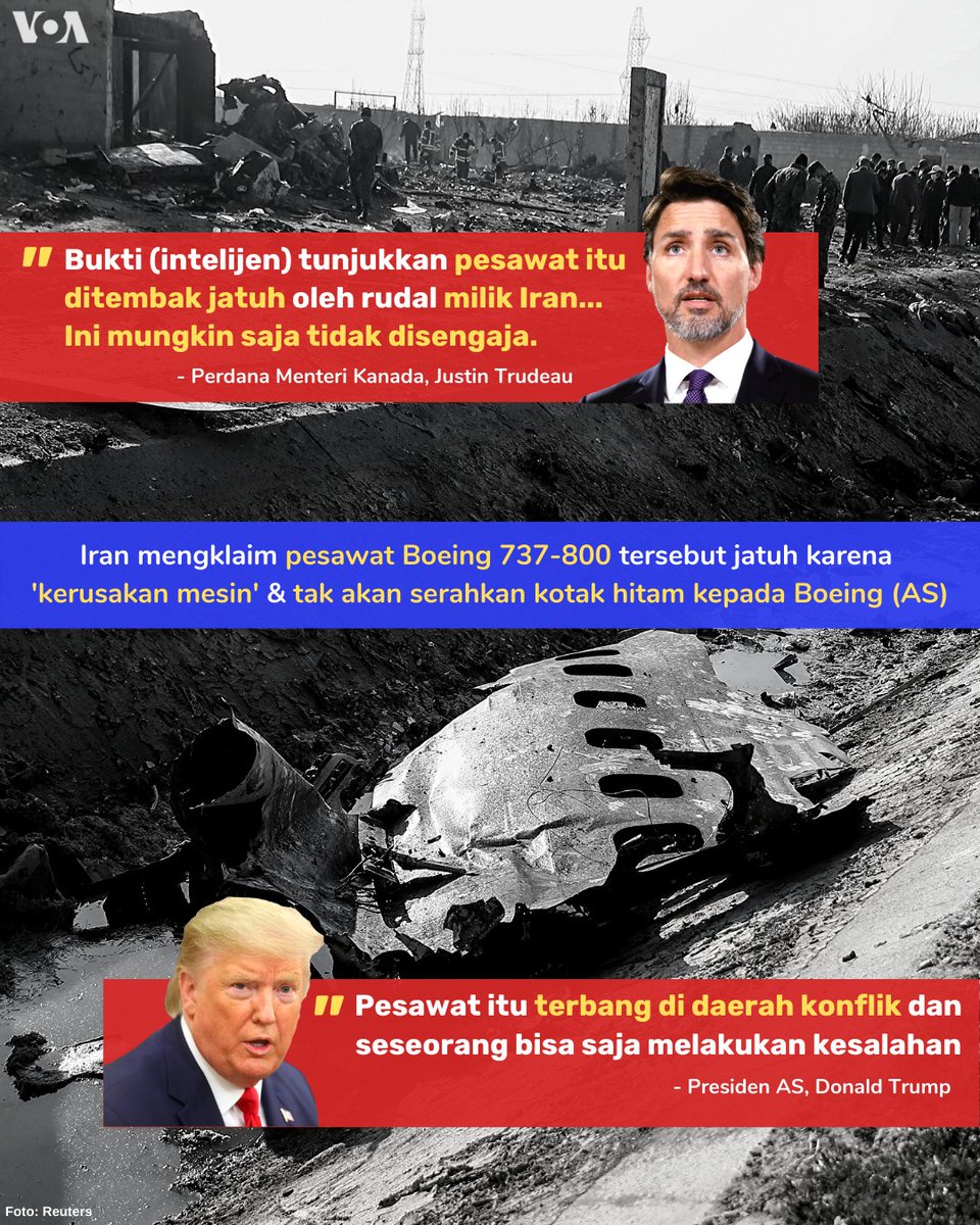 voaindonesia's tweet photo. #PalingPopuler Menurut kamu apakah rudal Iran adalah penyebab jatuhnya pesawat Boeing 737-800 milik maskapai Ukraina? https://t.co/j5tC4hU8L3