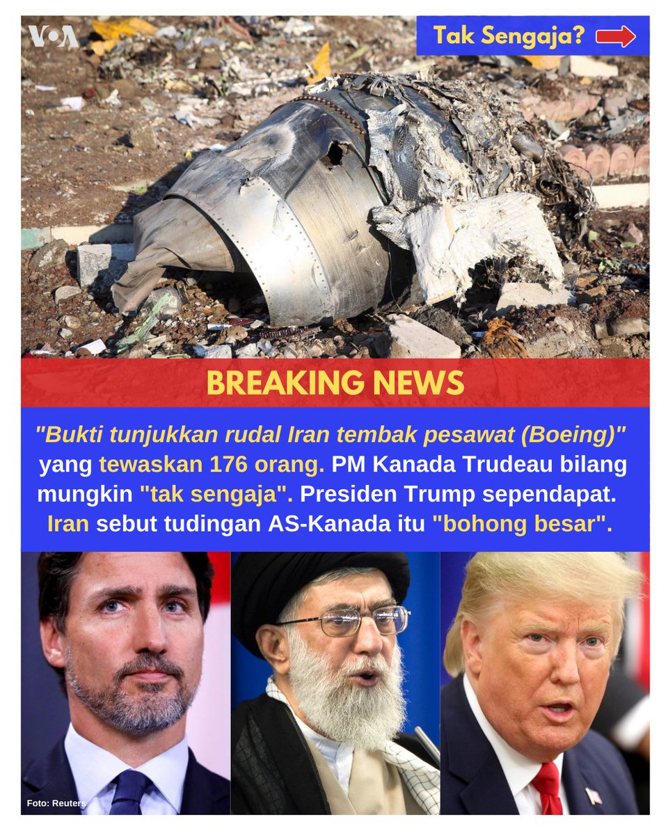 voaindonesia's tweet photo. #PalingPopuler Menurut kamu apakah rudal Iran adalah penyebab jatuhnya pesawat Boeing 737-800 milik maskapai Ukraina? https://t.co/j5tC4hU8L3