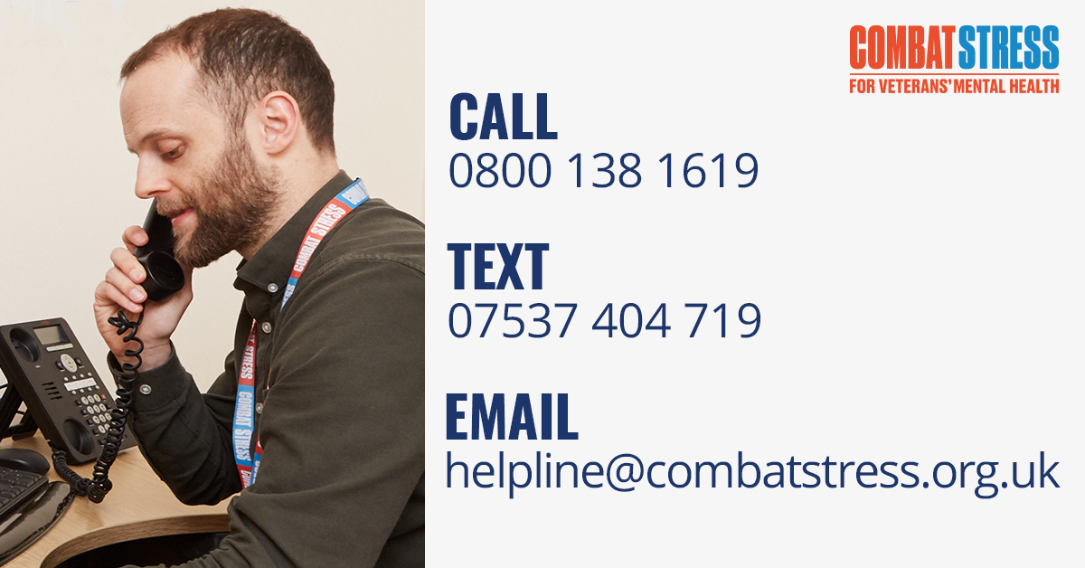 CombatStress's tweet photo. Our helpline is available to provide mental health support to veterans 24 hours a day.
Veterans and their families can call: 0800 138 1619.
You can also text on 07537 404719 and email helpline@combatstress.org.uk 
If you're a veteran in need of #MentalHealth support contact us. https://t.co/Ofy8c4aR2h