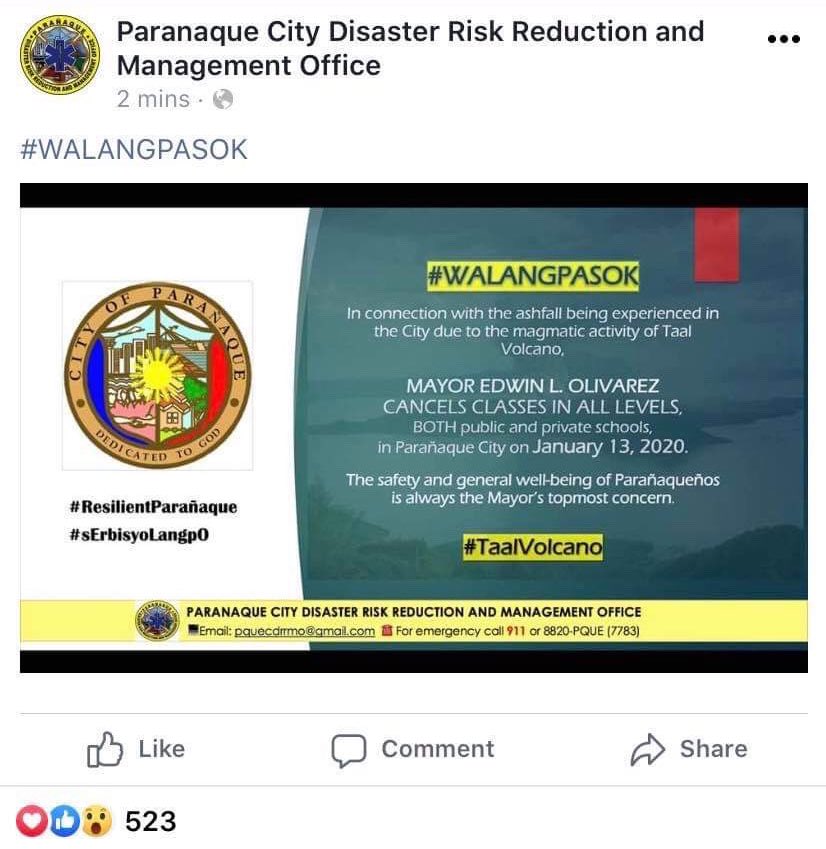 MSGSB's tweet photo. ANNOUNCEMENT: 

Classes are suspended tomorrow, January 13, 2020. Ingat kayong lahat ha? Avoid going outdoors as much as possible, Manresans!! https://t.co/v0uuuDbZc5
