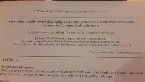 CherylMetcalf's tweet photo. Delighted to share a new publication! Developing an empirically-based classification of grips used by kids during THEIR #occupations. Kids are not small adults and require their own approach to rehabilitation. @kellywainw @TSSimSOT #prosthetics #UserLedDesign #OutcomeMeasures https://t.co/A67hiZLbWQ