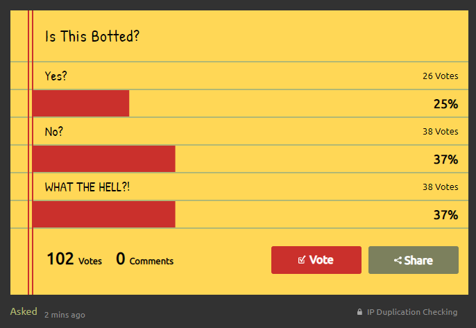 EscoNitz's tweet image. Welp ... looks like I am gonna have to find a new place to do polls ... strawpoll is being massively botted right now have a poll that was never released publicly. #strawpoll