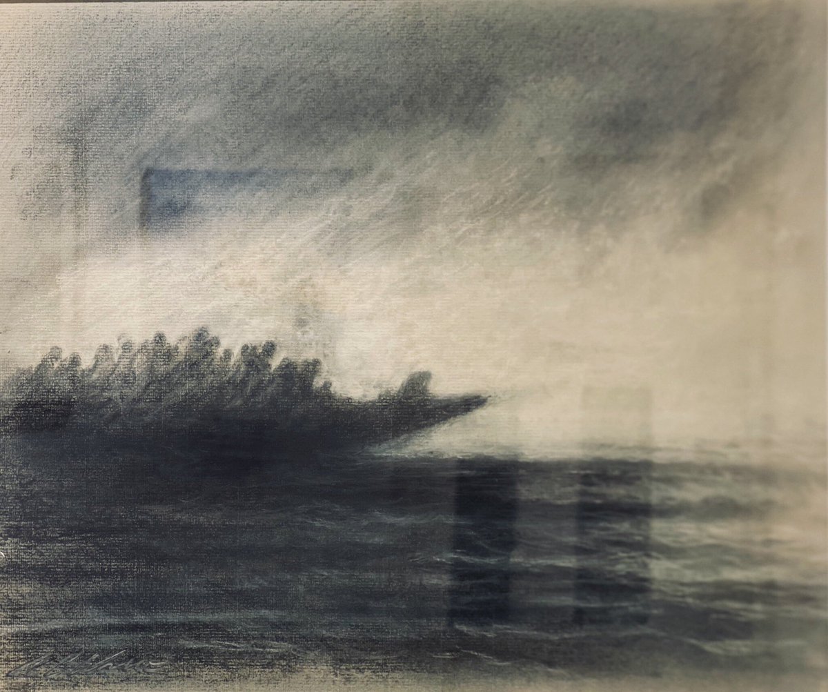 This drawing of refugees crossing the Mediterranean is by artist Andrew White. You can buy this and other works <a href="/FarmStChurch/">Farm Street Church</a> charitable art auction on Jan 30. Come along, bid and support this important cause. More info and details of how to register here jesuit.org.uk/incredible-jou…