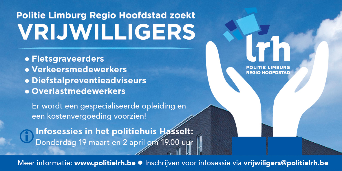PolitieLRH's tweet photo. Wil jij je vrije tijd nuttig invullen? Word dan #vrijwilliger bij de #politie! We zijn momenteel op zoek naar vrijwilligers voor vier verschillende functies. Interesse? Kom naar één van onze infosessies. Meer info: https://t.co/boc1JkAj0j https://t.co/XMNd4mswSA