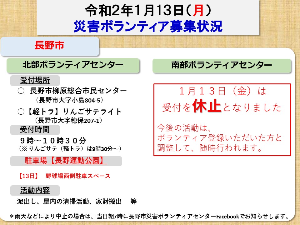 長野県防災 On Twitter 災害ボランティア 今日ご協力いただいた皆様 寒い中活動いただきありがとうご ざいました 比較的暖かい冬となっていますが 体調を崩さぬようご自愛ください 明日は 長野市 北部で活動を行います 駐車場は 同じ長野運動公園内ですが