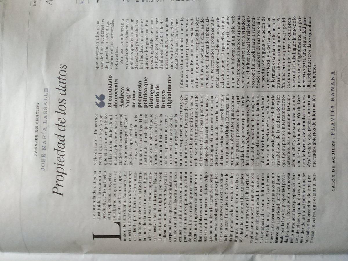 luisignaciotid's tweet photo. Buen articulo de Jose Maria Lassalle sobre la propiedad de los datos. Sigo pensando que sera un gran tema de debate en 2020 https://t.co/LNybMP8MjB