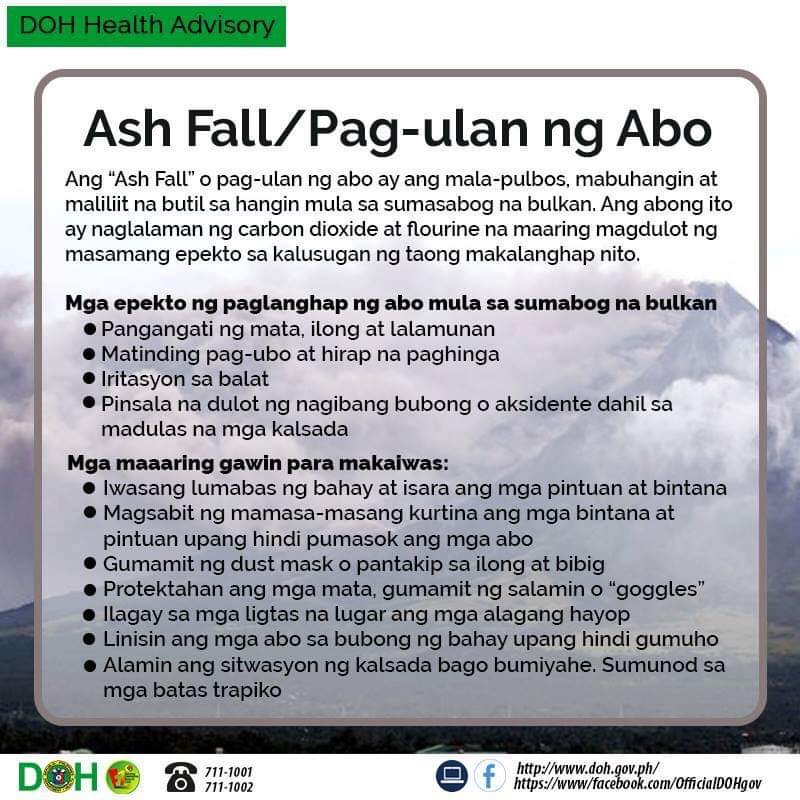 PhilstarNews's tweet image. LOOK: The Department of Health releases an advisory on the hazards of ashfall as Taal Volcano's alert status is elevated to level 3, indicating "magmatic unrest."
📸: Department of Health