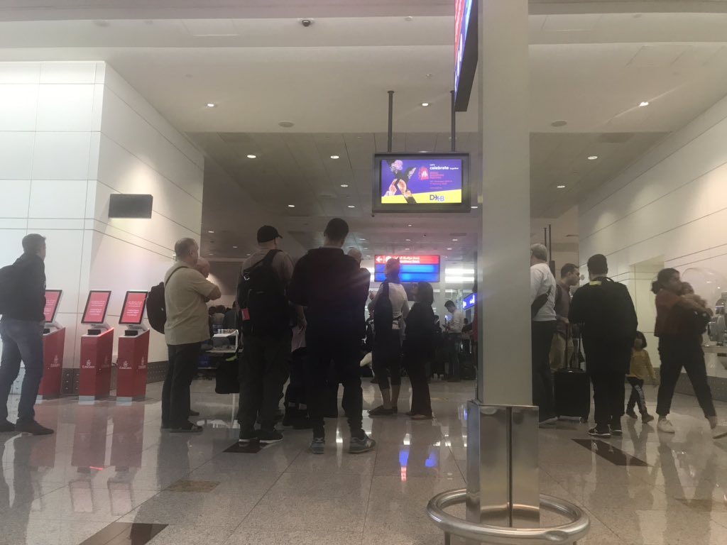 mparakala's tweet photo. #emiratesletsdown no customer service .. no care for hungry restless children waiting in the line for a connecting flight that was overbooked without any notification. Now we are all stranded at the Dubai International Airport https://t.co/J0bvGKAs0o
