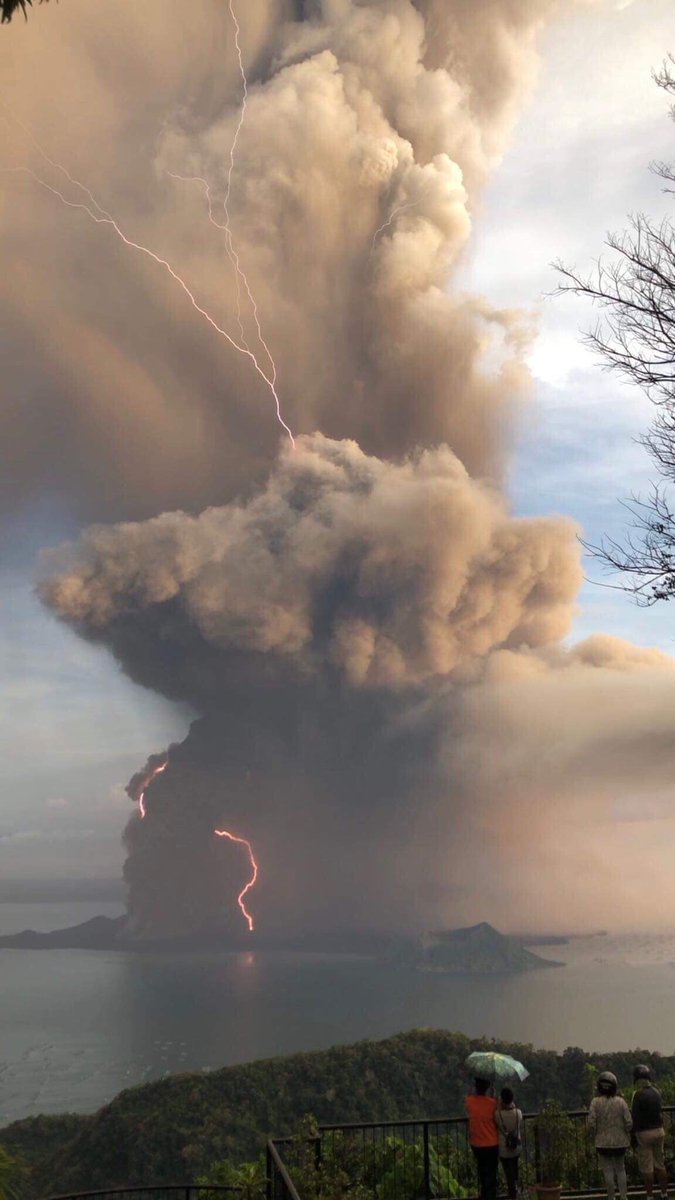 Taal volcano eruption on January 12, 2020 with lightning.