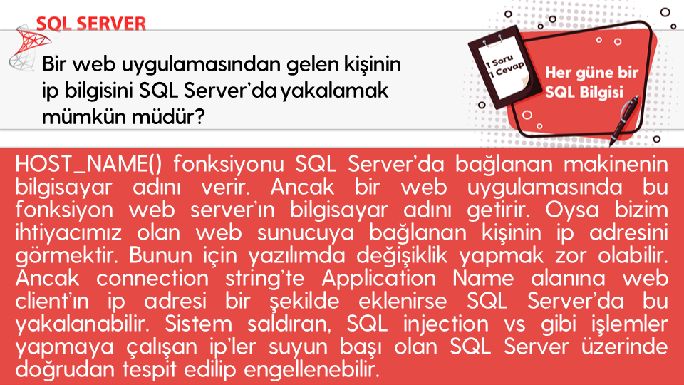 omer_colakoglu's tweet photo. Bir web uygulamasından gelen kişinin ip bilgisini SQL Server’da yakalamak mümkün müdür?
#hergüne1sqlbilgisi #connectionstring #clientIp
#sqladministration #dbManagement #veritabanıYönetimi #sqlperformance  #sqlmemory
#ocolakoglu #udemysql #tsql #sql https://t.co/gAVu5hrJQF