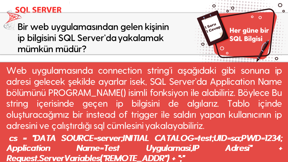 omer_colakoglu's tweet photo. Bir web uygulamasından gelen kişinin ip bilgisini SQL Server’da yakalamak mümkün müdür?
#hergüne1sqlbilgisi #connectionstring #clientIp
#sqladministration #dbManagement #veritabanıYönetimi #sqlperformance  #sqlmemory
#ocolakoglu #udemysql #tsql #sql https://t.co/gAVu5hrJQF