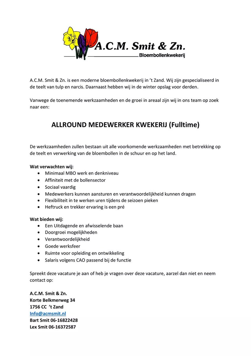 VACATURE Allround medewerker bloembollenkwekerij
