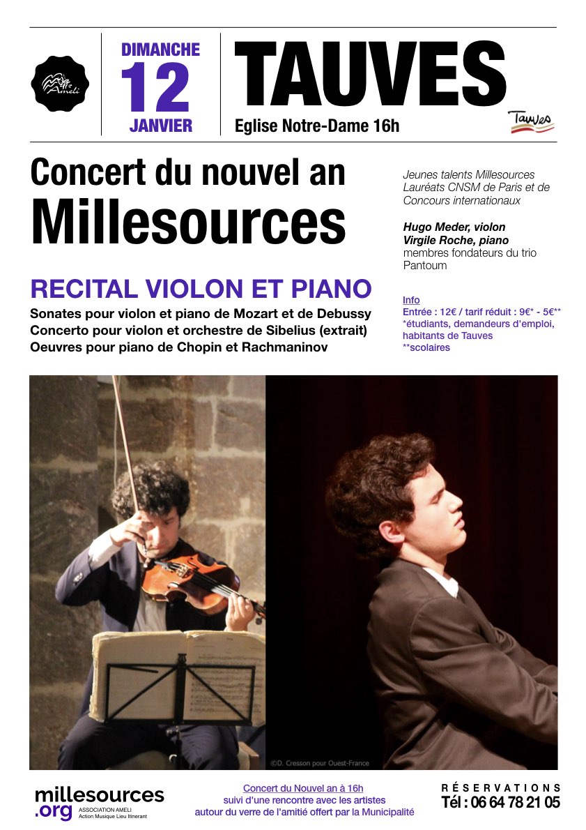 1000Sources's tweet photo. Concert du nouvel an ce jour à 16h, église Notre-Dame de Tauves, jeunes talents Millesources - Hugo Meder, violon - Virgile Roche, piano - Mozart, Beethoven, Ravel, Debussy, Sibelius https://t.co/pzRH8mJdL1