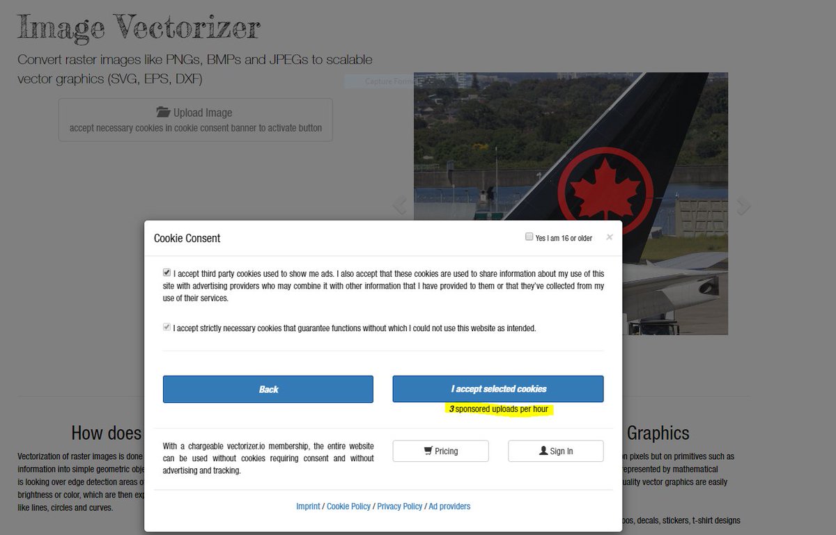 Facy5's tweet image. Sympa, pour te forcer à accepter leurs cookies, #Vectorizer.io te limite le nombre d'images à uploader (1 par heure si tu refuses, 3 par heure si tu acceptes) 😡🤬
