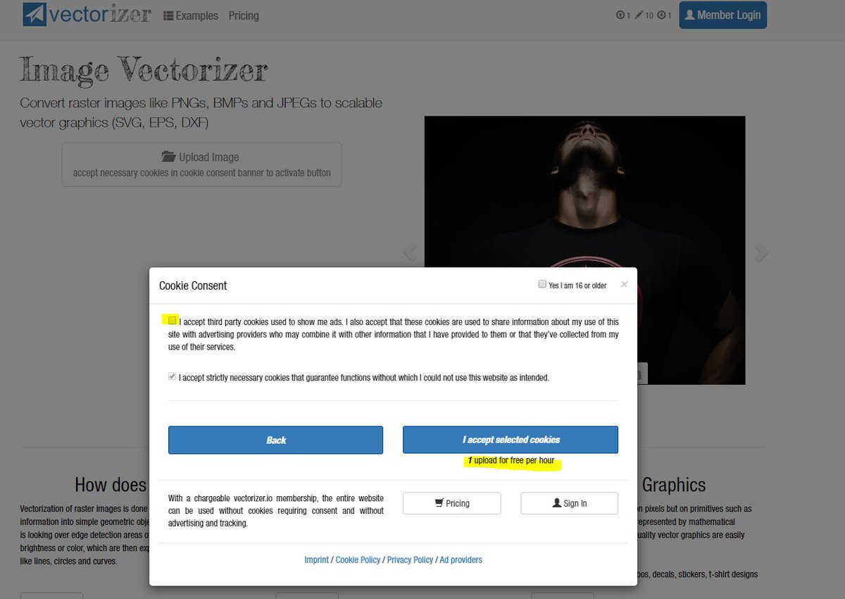 Facy5's tweet image. Sympa, pour te forcer à accepter leurs cookies, #Vectorizer.io te limite le nombre d'images à uploader (1 par heure si tu refuses, 3 par heure si tu acceptes) 😡🤬