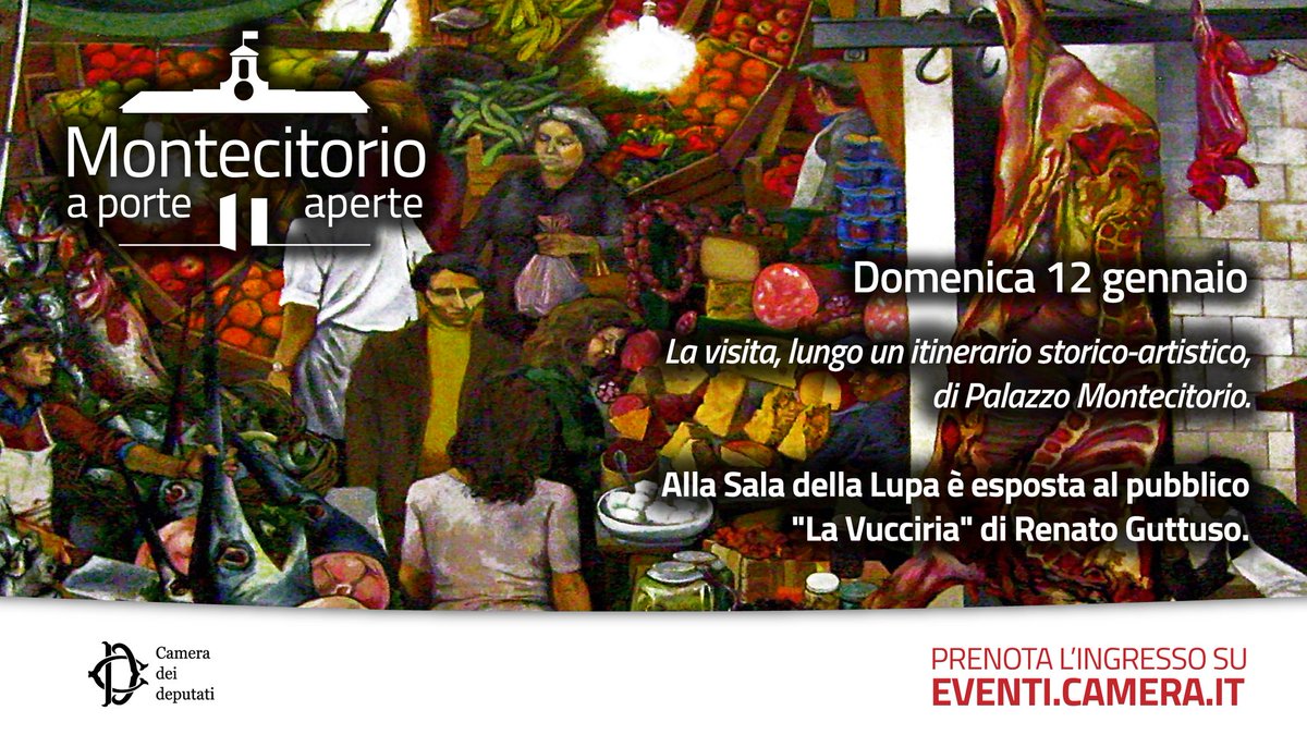Montecitorio's tweet photo. È in corso "Montecitorio a porte aperte", la visita al Palazzo che oggi comprende anche l'esposizione de "La #Vucciria" di #Guttuso in Sala della Lupa. Pochissimi posti ancora disponibili, da prenotare on line. Maggiori informazioni: https://t.co/IZu4tL7Lkj #OpenCamera #ArtCamera https://t.co/qPycrCG8q1