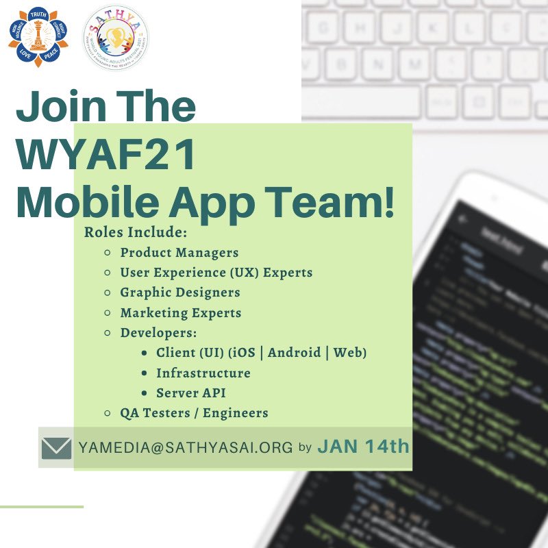 📣📣 Final Reminder📣📣We are building a mobile app for the World Young Adults Festival 2021! Just email us at yamedia@sathyasai.org with the role you would like to apply for and details of your past experience. 
#WYAF21 #SaiYoungAdults #SathyaSai #App #MobileApp #Leaders #Future