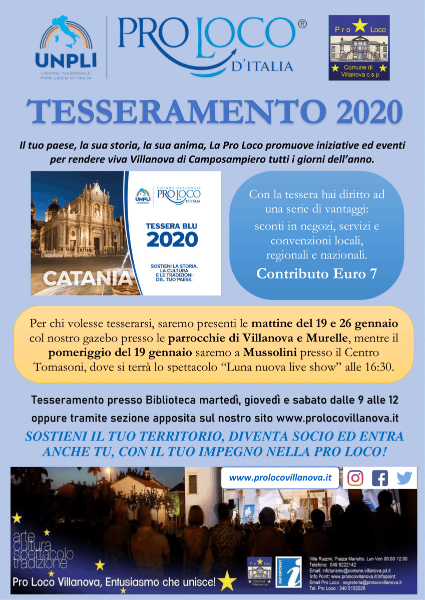 ProLocoVillanov's tweet photo. Diventa #socio Pro Loco anche tu!
Anche per il 2020 doppi #vantaggi!
Saremo presenti le mattine del 19 e 26 gennaio presso le parrocchie di #Villanova e  #Murelle, mentre il pomeriggio del 19 gennaio saremo a #Mussolini presso il Centro Tomasoni.
Per info visita il nostro sito. https://t.co/34FcHs8sX1