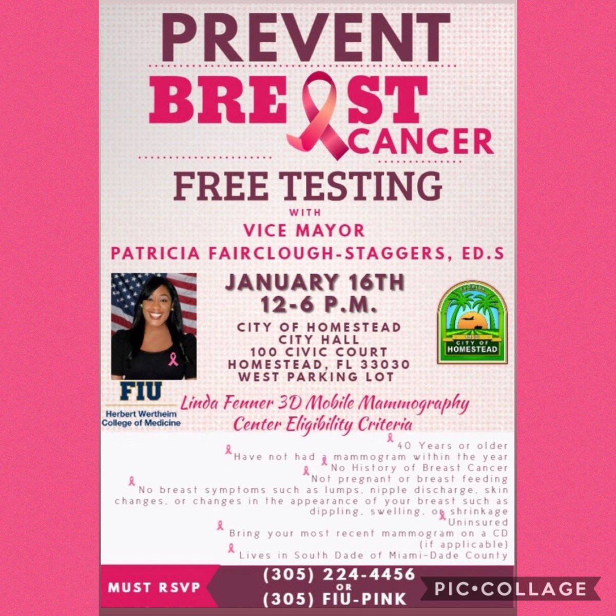 anitere_flores's tweet photo. In partnership with @FIU , Vice Mayor Patricia Fairclough is hosting a FREE Clinic on Jan. 16th at the @CityofHomestead City Hall from 12-6PM! If you’re interested, please RSVP at (305)-224-4456 #breastcancerawareness #preventbreastcancer #freemammograms #fiumedical #district39 https://t.co/3mZmG8Kaji