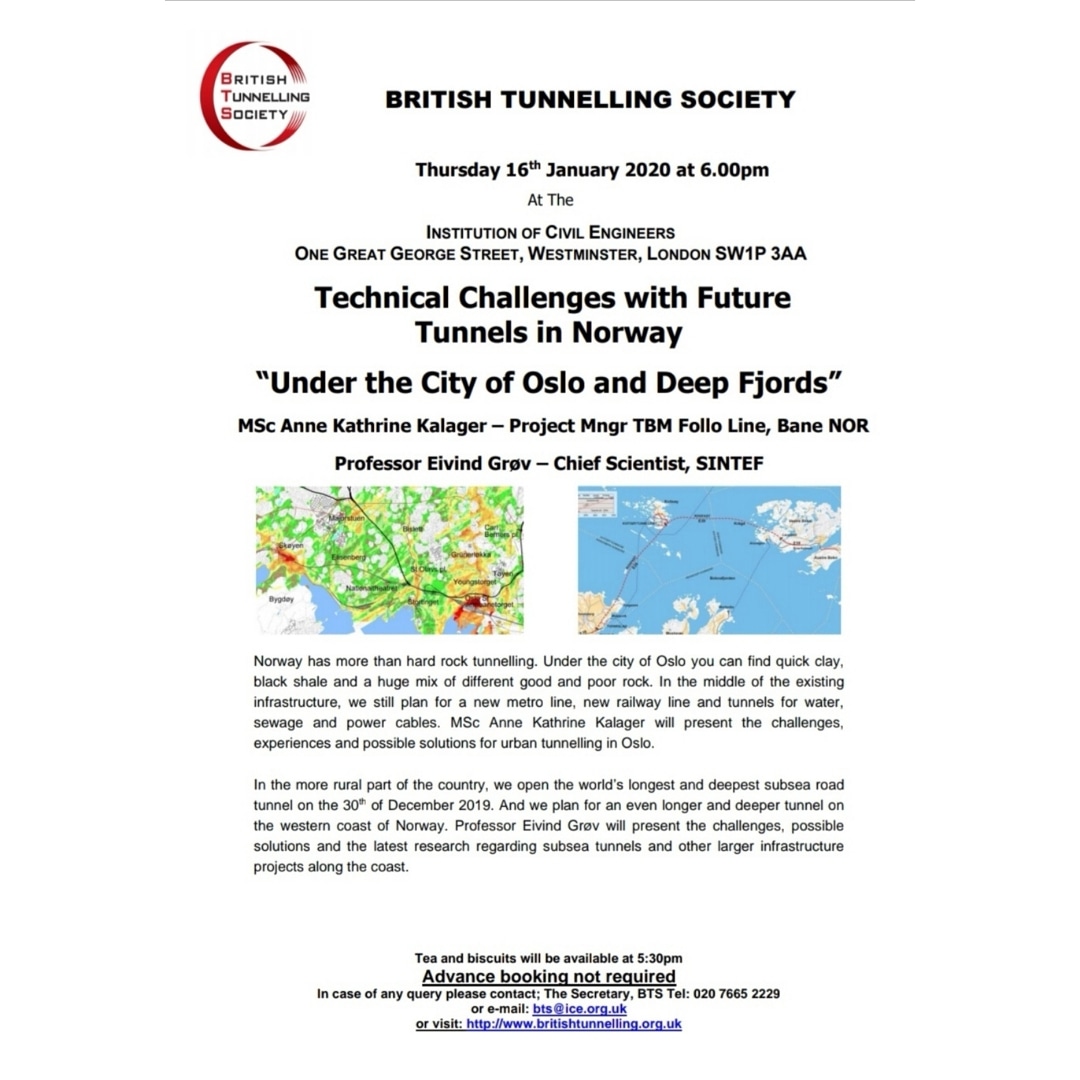 BTSYM's tweet photo. ✨The BTS is back with the first talk of 2020!✨
Join us Thursday 16th January at the ICE. MSc Anne Katherine Kalager and Professor Eivind Grøv will be presenting on the technical challenges with future tunnels in Norway🚇🇳🇴 https://t.co/BddGWgDcn8