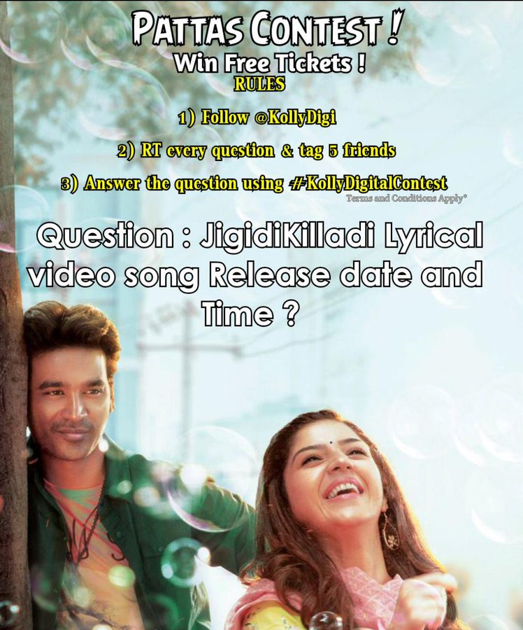 KollyDigi's tweet photo. Get a chance to win free tickets for #Pattas
Q 3 - Release date and time of #JigidiKillaadi Lyrical video
RULES
1) Follow @KollyDigi
2) RT every question & tag 5 friends
3) Answer the question using #KollyDigitalContest
#3DaystoPattasPongal
@Lyricist_Vivek @KuKarthk https://t.co/uO17U2Rk7B
