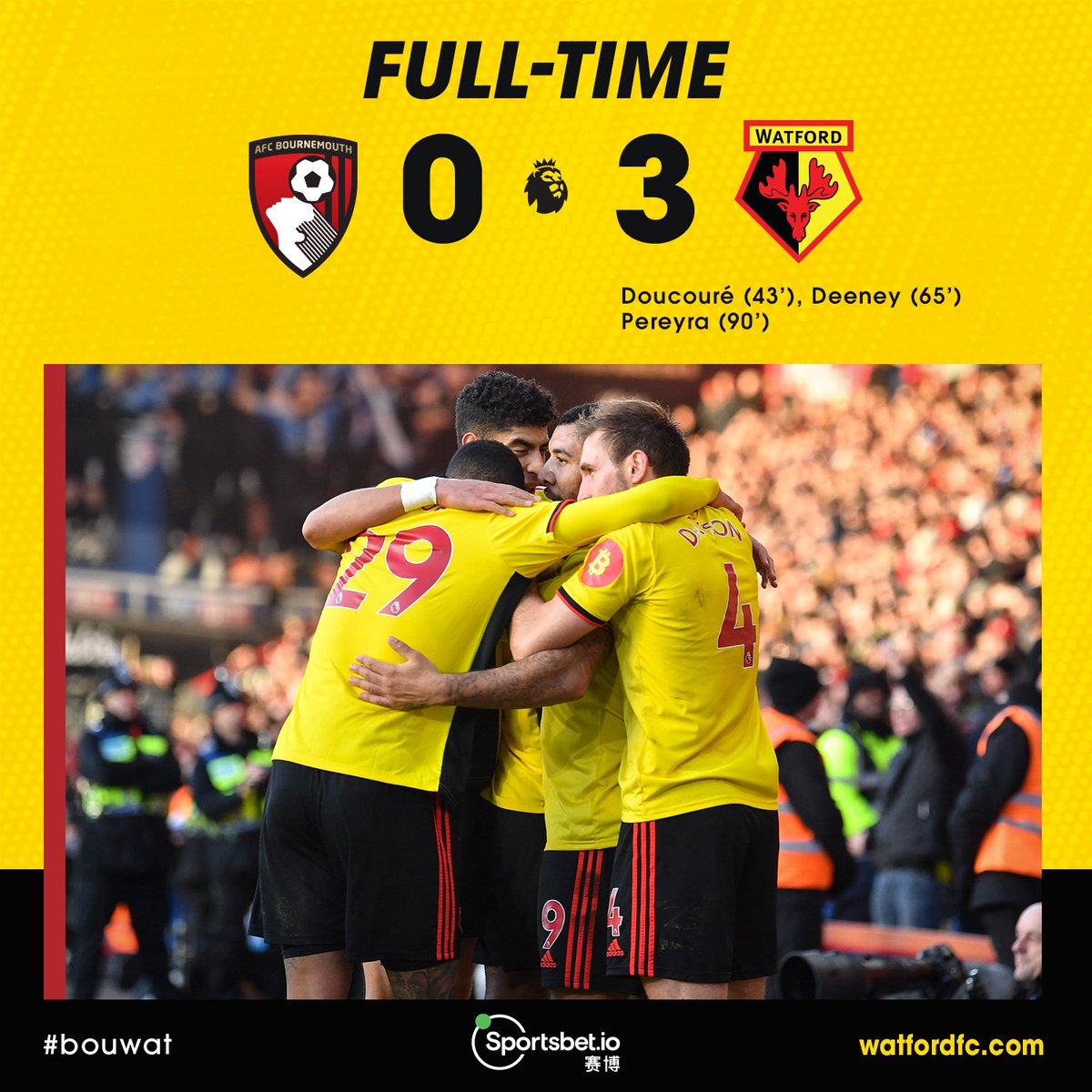 WatfordESP's tweet image. UNA VICTORIA CRUCIAL LA DE ESTA TARDE EN EL VITALITY STADIUM.

Goles de Doucouré, Deeney y Pereyra.

@afcbournemouth 0-3 #watfordfc🐝

#BOUWAT #premierleague
