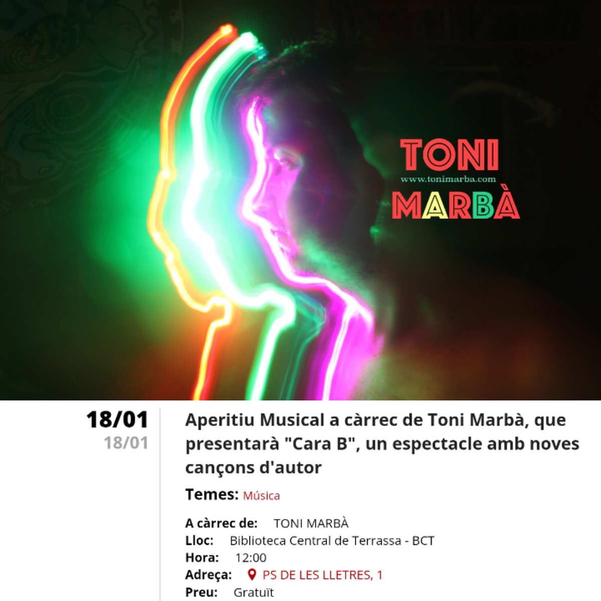 ToniMarba's tweet photo. El proper dissabte 18 de Gener a les 12h del matí, aperitiu musical a la @bctxarxa (Biblioteca central de Terrassa). https://t.co/MH0rDw5DI2