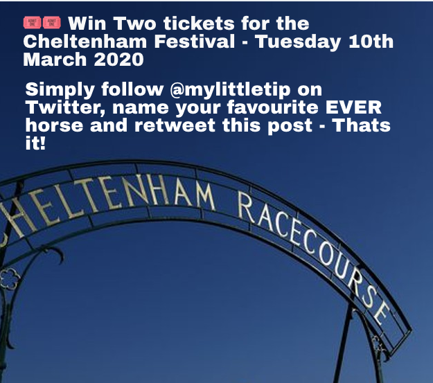🎟🎟Two tickets for the beautiful #Cheltenham Festival on Tuesday 10th March for the opening day up for grabs

📩To enter simply;

1️⃣Follow <a href="/mylittletip/">My Little Tip</a> 

2️⃣Retweet this🔁

2️⃣Name your favourite ever 🐴racehorse below✍🏼

😎Thats it, you are now entered for the draw, good luck! 🔞