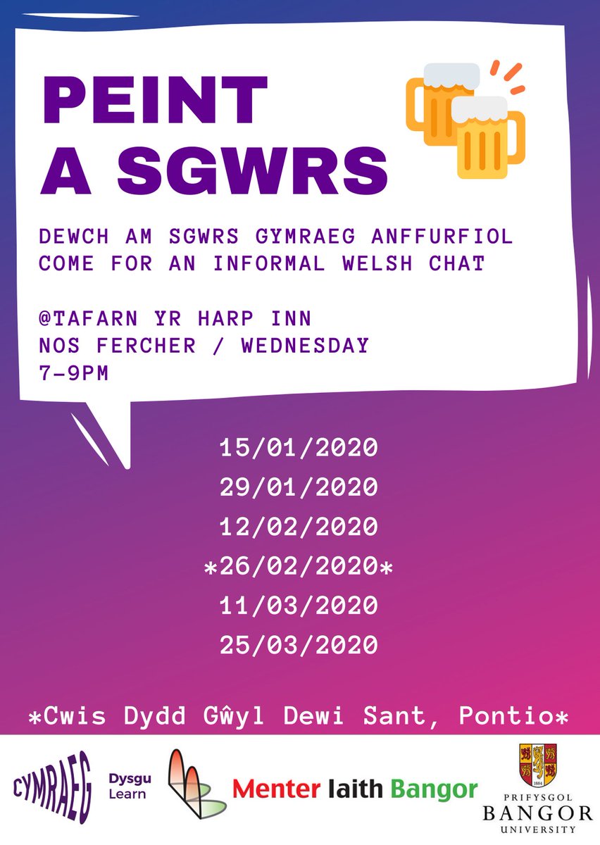 Blwyddyn Newydd Dda!

What about giving your Cymraeg a boost in the new year? Join us to socialise and enjoy chatting in Cymraeg in a relaxed atmosphere. You can speak Cymraeg and relax!

#Cymraeg2050 #sgwrs2020