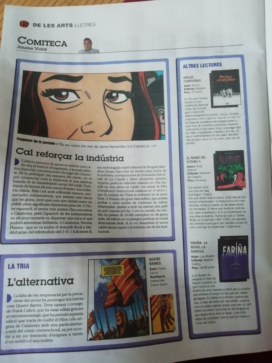 comicat's tweet photo. La #Comiteca d'en @JVidalBiosca a @LaRepCat d'avui diumenge. En català: #Fariña de @bustox i @NavonaEditorial, i #4barrescòmic @4barrescomic @guifre_pelos #CòmicEnCatalà https://t.co/9cZSNhGOO8