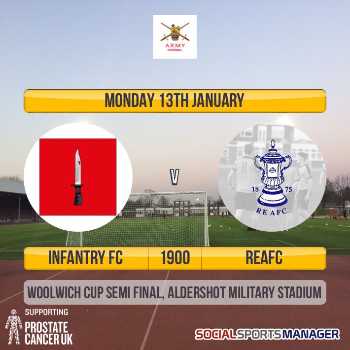 Woolwich Cup Semi-Final against <a href="/Infantry_FC/">Infantry Football</a> tomorrow night at Aldershot Military Stadium 1900 KO. Come along and support <a href="/sapperfootball/">Sapper Football</a>