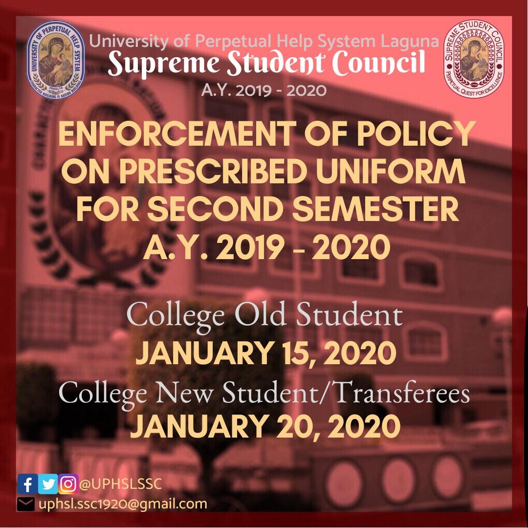 UPHSLSSC's tweet photo. Attention Perpetualites!

The Dates for Enforcement of Policy on Prescribed Uniform for Second Semester is now posted.

Please be guided accordingly. https://t.co/riQZaA3aZG