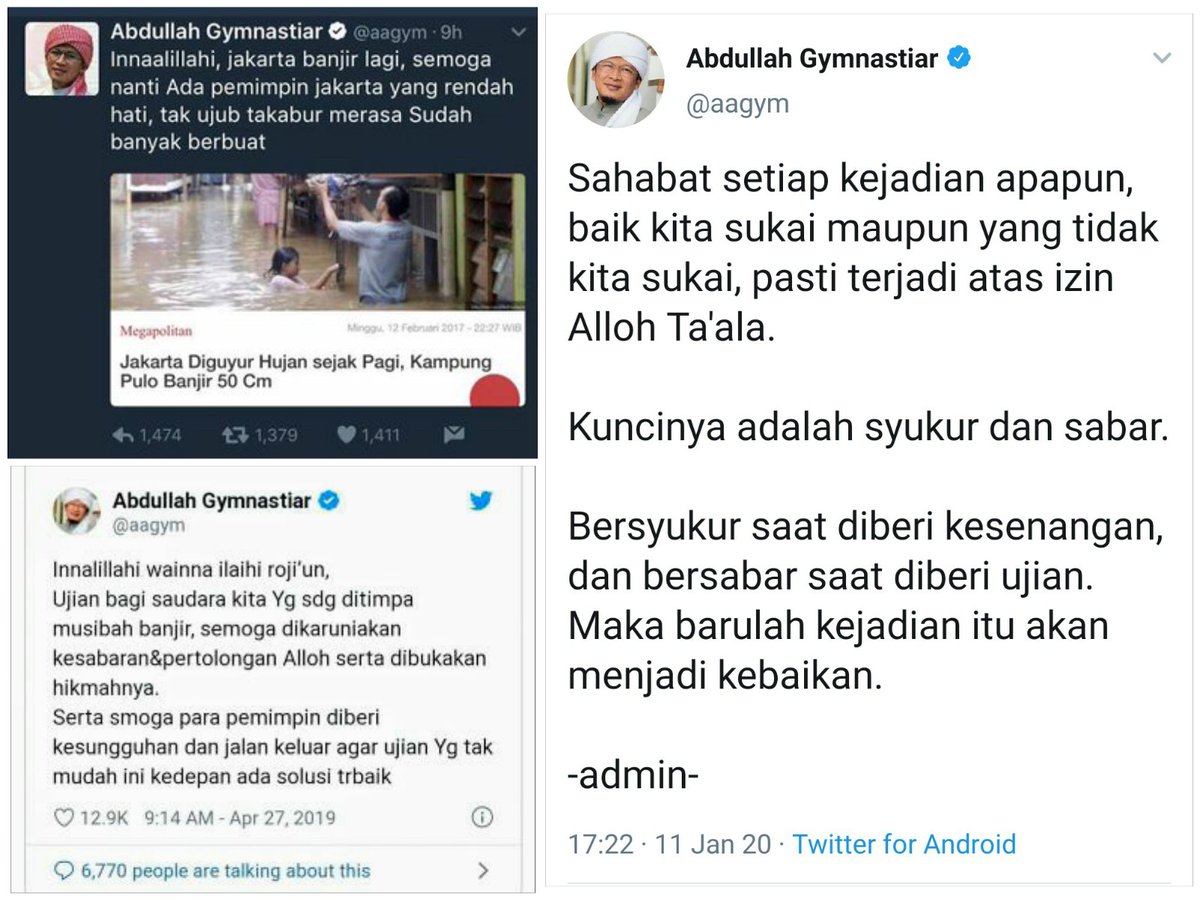 JenggotUnta's tweet photo. @aagym Tausiyah Aa yang dinantikan saat banjir melanda Jakarta.
2017, 2019 dan 2020. https://t.co/x7NOSrNleD
