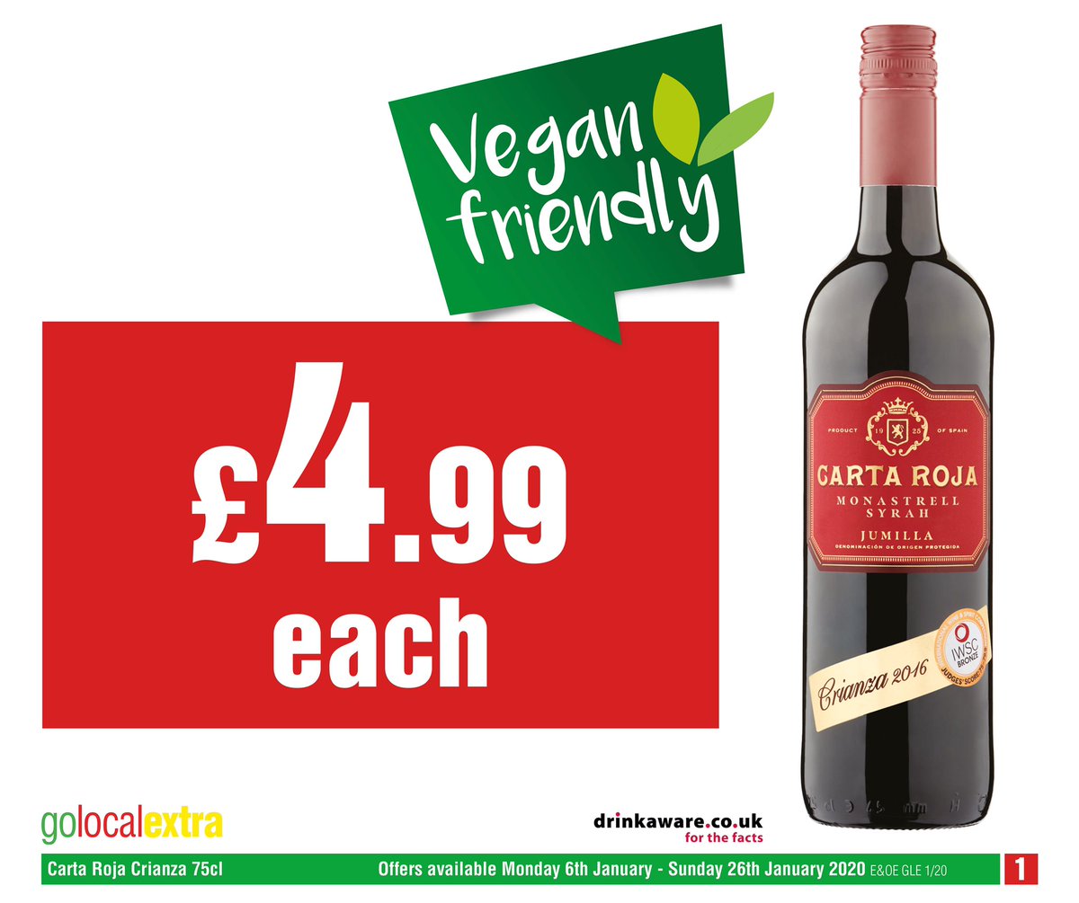 golocalextra's tweet photo. Carta Roja Crianza - Only £4.99 each!!

It’s also Vegan Friendy 🌱 

#CartaRoja #Crianza #Wine #VeganFriendly #Veganuary #GoLocalExtra https://t.co/nuWeN1xAGf