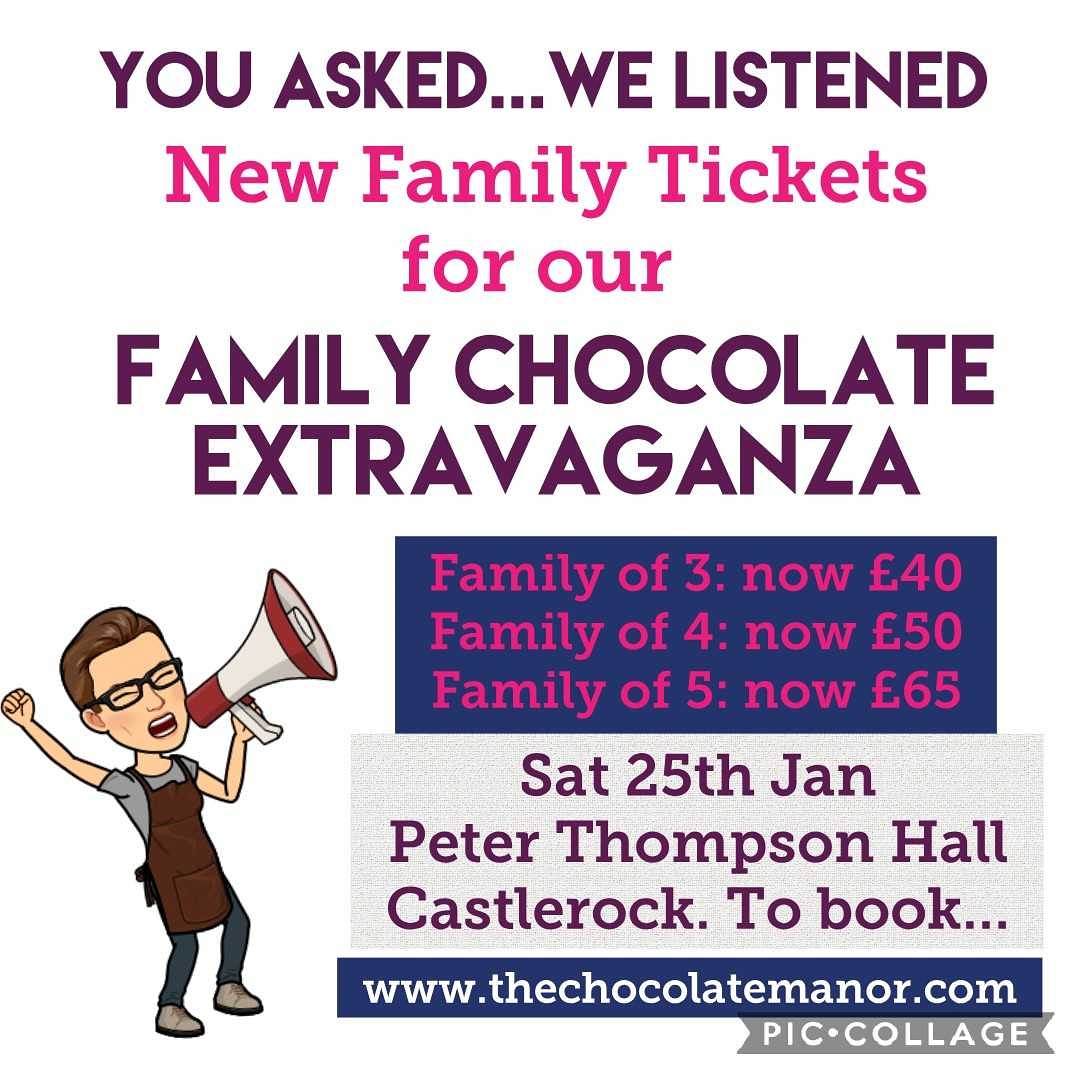 ChocolateManor's tweet photo. GREAT NEWS! We've launched a brand new range of family tickets for our FAMILY CHOCOLATE EXTRAVAGANZA on Saturday 25th January.
So now a family of 3 can save £5 on their booking, and families of 4 or 5 can save £10 on their bookings!
Get yours today: 
https://t.co/UBZxO613X6 https://t.co/yil2e9onDK