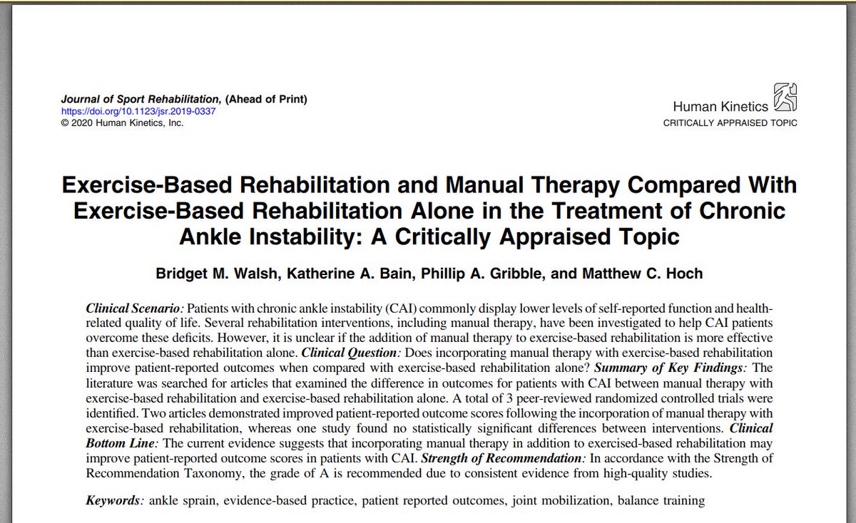 Exercise-Based Rehabilitation and Manual Therapy Compared With Exercise-Based Rehabilitation Alone in the Treatment of Chronic Ankle Instability: A Critically Appraised Topic

…tics-com.ubproxy.ub.uni-heidelberg.de/view/journals/…