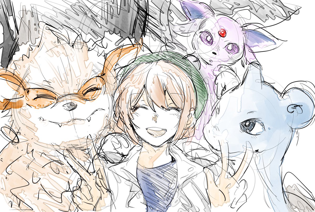 ポケモンクリア記念に。なんか、とても、途中大変だったけど、結果的にこの4匹にめちゃくちゃ愛着湧いたしとても楽しんだ!後ろの黒いのパパです、ちゃんといる見切れてるだけ 
