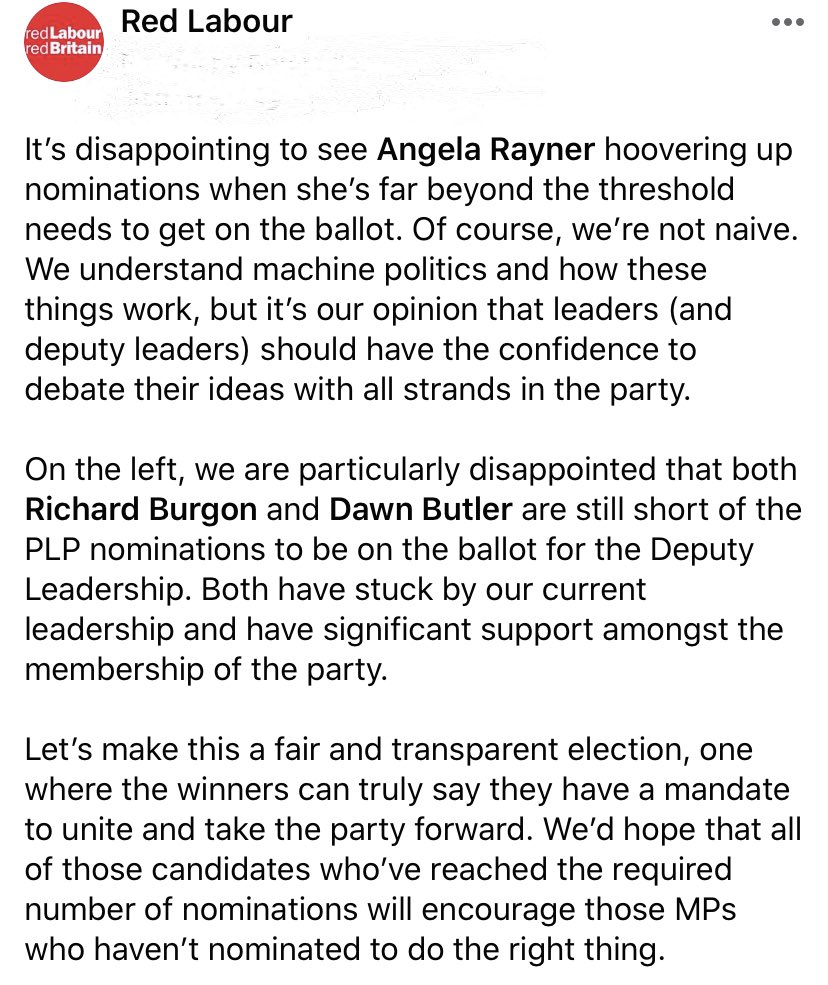 Red_Labour_'s tweet photo. On the left, we are particularly disappointed that both @RichardBurgon &amp; @DawnButlerBrent are still short of the PLP nominations to be on the ballot for the Deputy Leadership. Both have stuck by our current leadership &amp; have significant support amongst the membership of the party https://t.co/NzxH0RFqxa