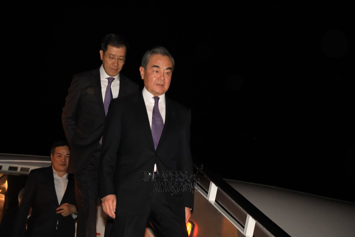 ZimpapersI's tweet photo. Foreign Affairs and International Trade Minister, Dr Sibusiso Moyo welcomes Chinese Foreign Affairs Minister Mr Wang Yi at Robert Gabriel Mugabe International Airport, January 11, 2020.-Pictures: Tawanda Mudimu @HeraldZimbabwe @XHNews @ZTNnews @StarfmZimbabwe @williamchikoto https://t.co/SV7lMI3lSv