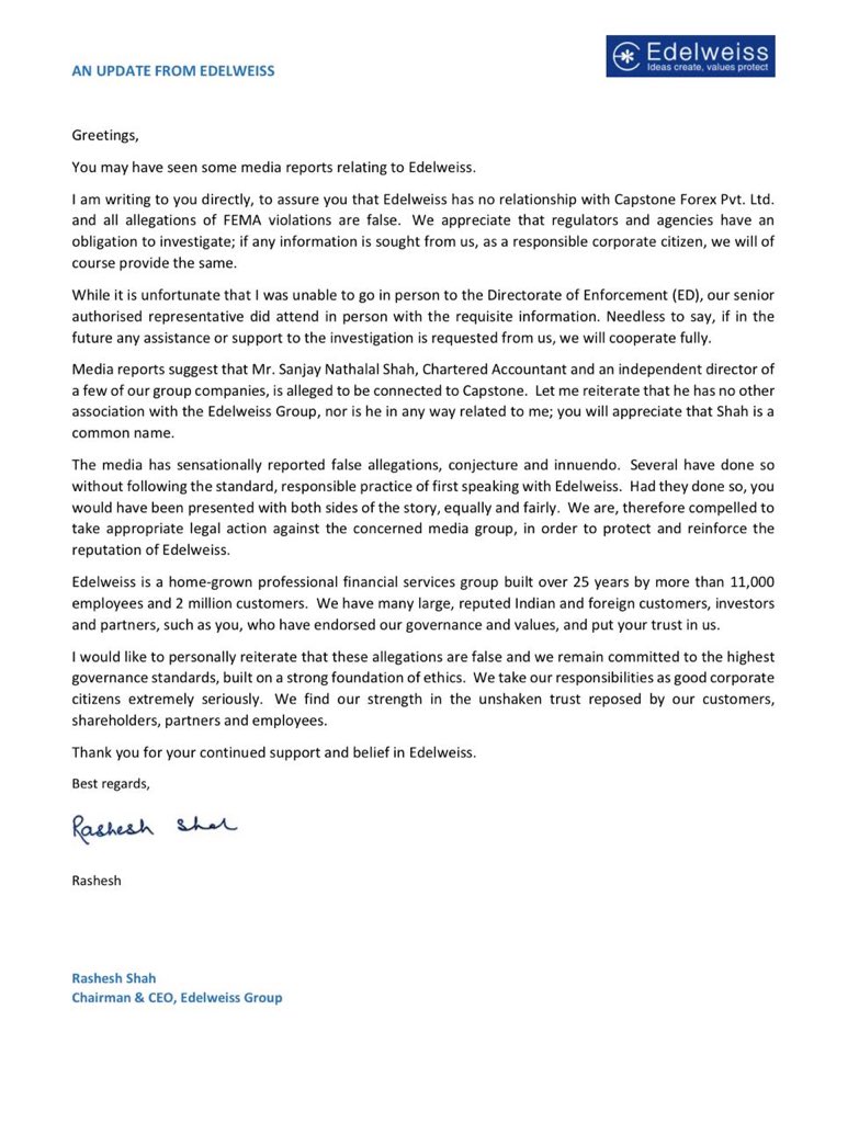 Edelweiss Group (@edelweissfin) on Twitter photo Here's an update to our stakeholders from our Chairman & CEO, Rashesh Shah Here's an update to our stakeholders from our Chairman & CEO, Rashesh Shah
