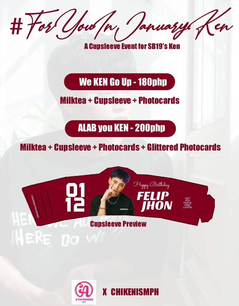 ATINnoonas's tweet photo. [SB19InDavao]Pt.1 Fan Support
#SB19KenDay
#ForYouInJanuaryKen
A Cupsleeve event for @SB19Official Ken's Birthday in collaboration w/ @chikenismph

On January 14 to 15 from 11am- 11pm at @CupzofJCafe ☕

Get the bundle of ur choice or reserve thru this form:https://t.co/Ffp0yqAcr2 https://t.co/lNy0a54N5v